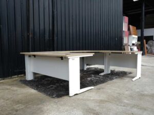 Executive desk set, 3 pieces connected together, steel legs, wood top, Rockworth brand._Q4OAW23EMQ_OA6RMMQA2F