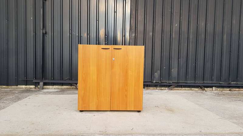 Two-door, two-compartment filing cabinet, gray and brown, Rockworth brand