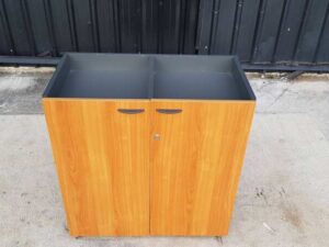 Two-door, two-compartment filing cabinet, gray and brown, Rockworth brand