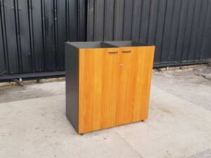 Two-door, two-compartment filing cabinet, gray and brown, Rockworth brand