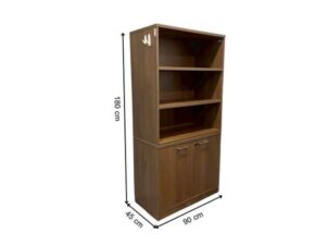 Tall filing cabinet with 2 doors and 3 shelves, brown wooden frame