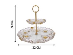 Two-tiered glass dessert and fruit stand with floral design and gold rim, European style.