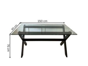 Dining table, glass top, wooden legs, black, 150 cm