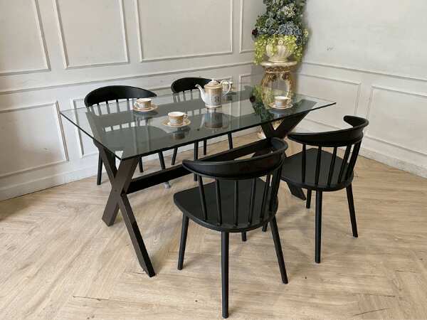 Dining table, glass top, wooden legs, black, 150 cm