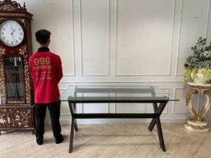 Dining table, glass top, wooden legs, black, 150 cm