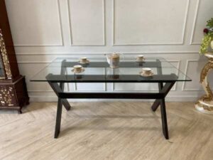 Dining table, glass top, wooden legs, black, 150 cm