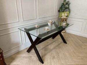 Dining table, glass top, wooden legs, black, 150 cm
