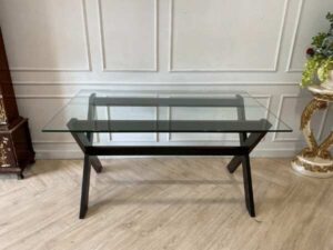 Dining table, glass top, wooden legs, black, 150 cm