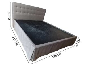 6-foot bed with button tufting, grey fabric mattress, and a 6-foot white topper.