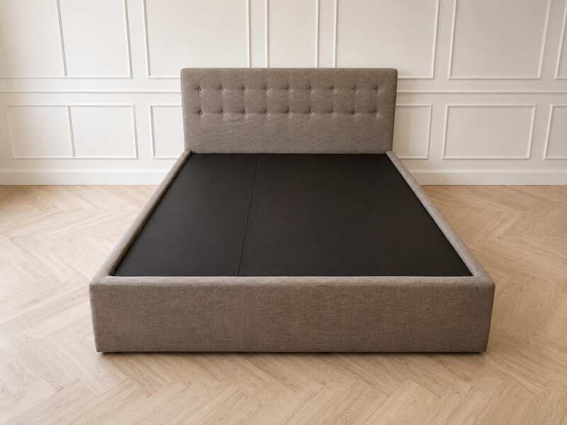 6-foot bed with button tufting, grey fabric mattress, and a 6-foot white topper.