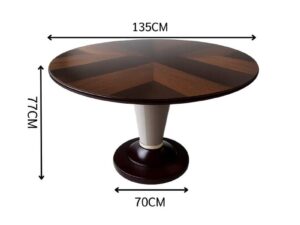 Round dining table set with alternating wood top and chairs.