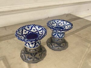 Stoneware ceramic serving tray with blue pineapple pattern.