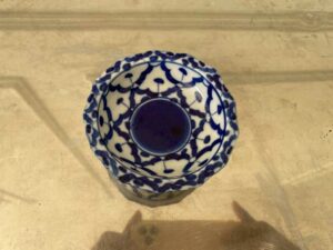 Stoneware ceramic serving tray with blue pineapple pattern.