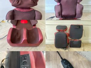 Portable electric massage cushion with remote control, red fabric cushion.