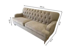 Two-seater sofa, button-tufted fabric upholstery, grey.