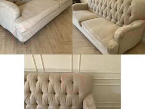 Two-seater sofa, button-tufted fabric upholstery, grey.