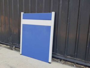 Solid blue partition with white stripes