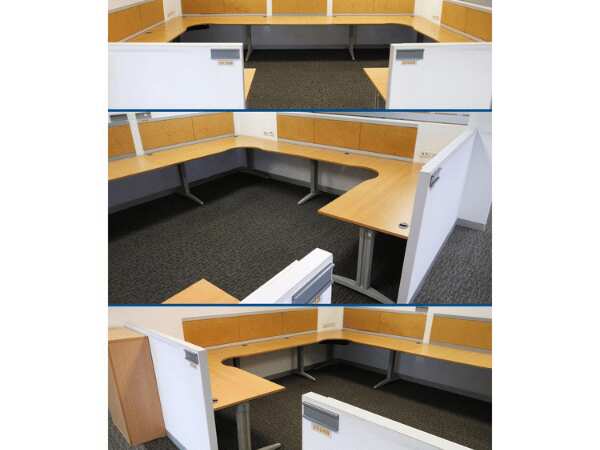 Work desk, group of 4 seats, C shape, wood color top, Ultra brand, light gray steel legs._PUJ1ULDNIN