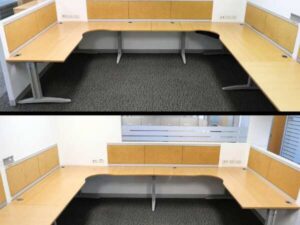 Work desk, group of 4 seats, C shape, wood color top, Ultra brand, light gray steel legs._PUJ1ULDNIN