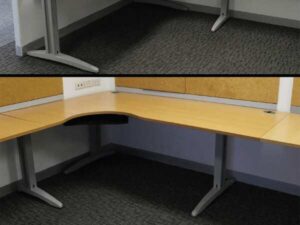Work desk, group of 4 seats, C shape, wood color top, Ultra brand, light gray steel legs._PUJ1ULDNIN