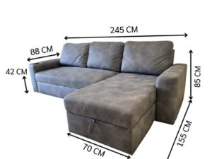 L-shaped corner sofa, 3-seater, grey leather upholstery, with cup holders.