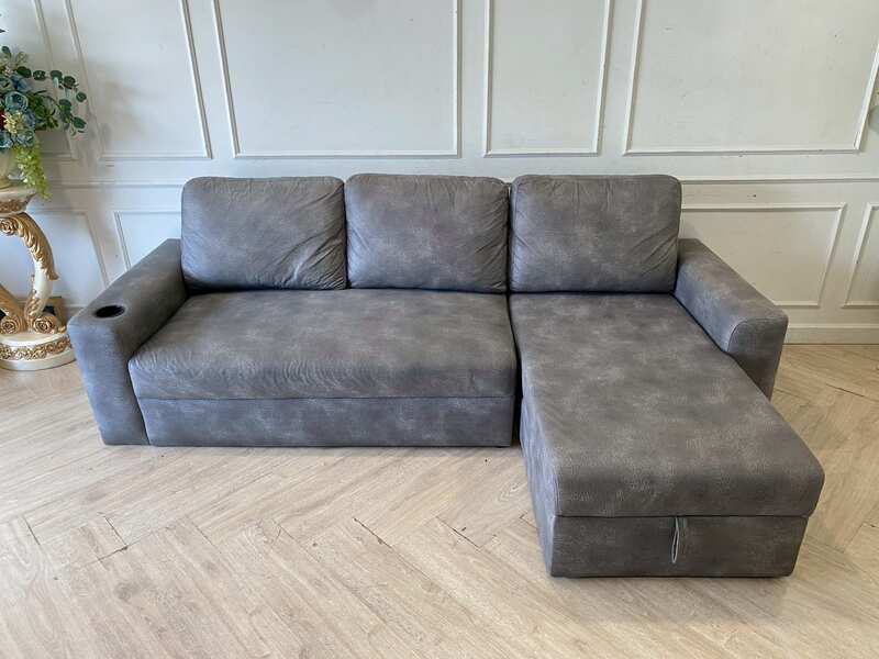 L-shaped corner sofa, 3-seater, grey leather upholstery, with cup holders.