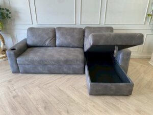 L-shaped corner sofa, 3-seater, grey leather upholstery, with cup holders.
