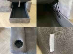 L-shaped corner sofa, 3-seater, grey leather upholstery, with cup holders.
