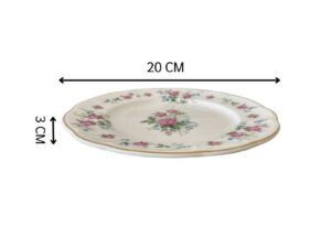 Ceramic plate with pink rose pattern and gold rim, Qualitier brand, Sweet Romance model, 20 cm.
