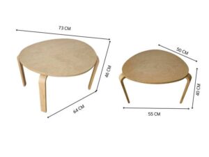 Set of two stacking wooden tables, triangular shape, curved legs, IKEA brand.