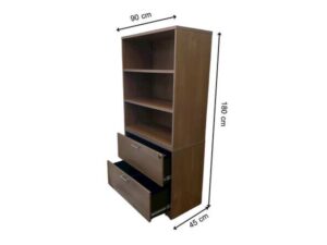 Tall filing cabinet with 2 drawers and 3 shelves, wooden frame, brown.