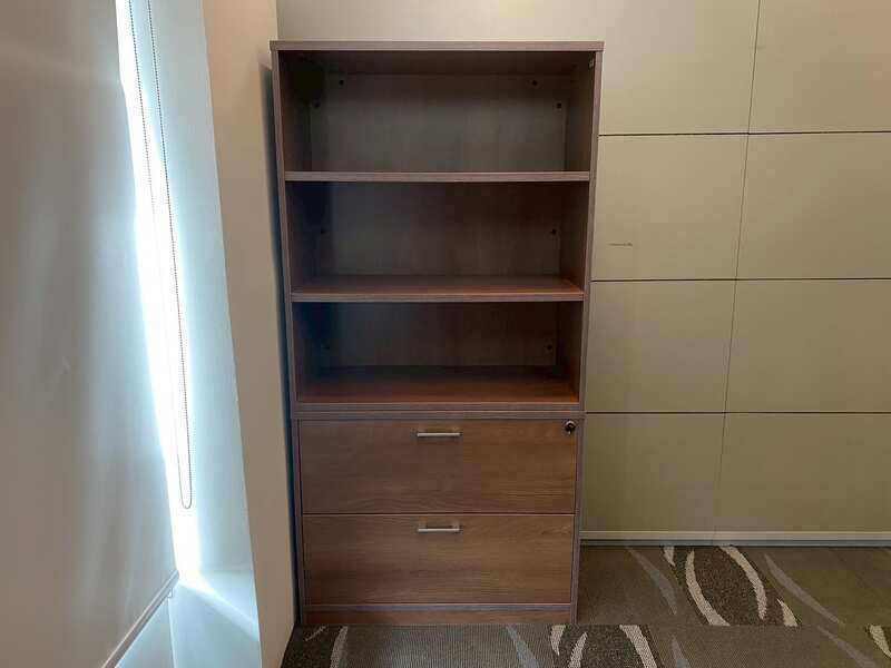 Tall filing cabinet with 2 drawers and 3 shelves, wooden frame, brown.