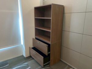 Tall filing cabinet with 2 drawers and 3 shelves, wooden frame, brown.