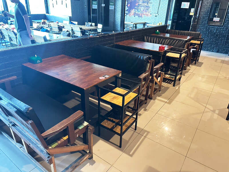 Long table, wooden table for restaurant, cafe, bar + 2 multi-colored chairs with black leather cushions._QQDKVFGICH