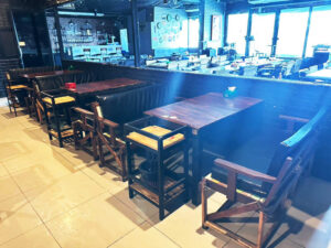 Long table, wooden table for restaurant, cafe, bar + 2 multi-colored chairs with black leather cushions._QQDKVFGICH