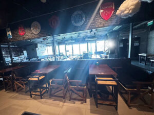 Long table, wooden table for restaurant, cafe, bar + 2 multi-colored chairs with black leather cushions._QQDKVFGICH