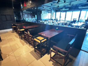 Long table, wooden table for restaurant, cafe, bar + 2 multi-colored chairs with black leather cushions._QQDKVFGICH