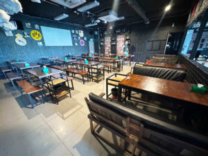 Long table, wooden table for restaurant, cafe, bar + 2 multi-colored chairs with black leather cushions._QQDKVFGICH