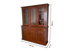 Teak wood display cabinet with 3 glass doors, 3 wooden doors, and 3 drawers.