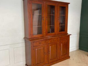 Teak wood display cabinet with 3 glass doors, 3 wooden doors, and 3 drawers.