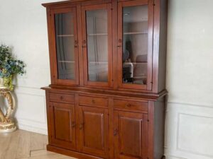 Teak wood display cabinet with 3 glass doors, 3 wooden doors, and 3 drawers.