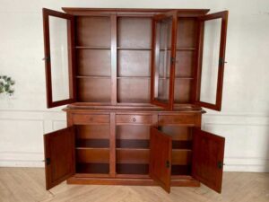 Teak wood display cabinet with 3 glass doors, 3 wooden doors, and 3 drawers.