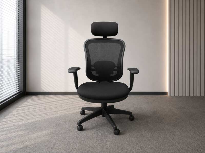 Office chair, fabric cushion, mesh backrest with headrest, black