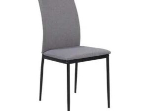 Chair with metal legs and light gray fabric seat.