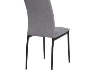 Chair with metal legs and light gray fabric seat.