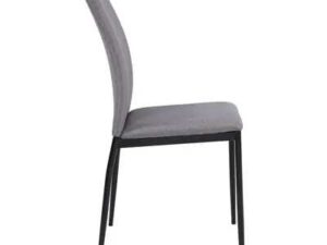 Chair with metal legs and light gray fabric seat.