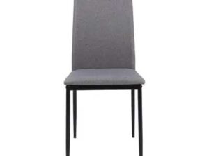 Chair with metal legs and light gray fabric seat.