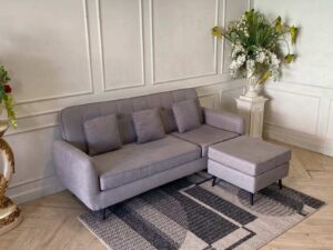 3-seater sofa set with button-tufted backrest + ottoman, fabric upholstery, steel legs, grey color._R6C17O0KBE