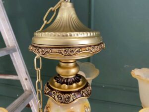 Chandelier, glass pendant lamp with gold rose design