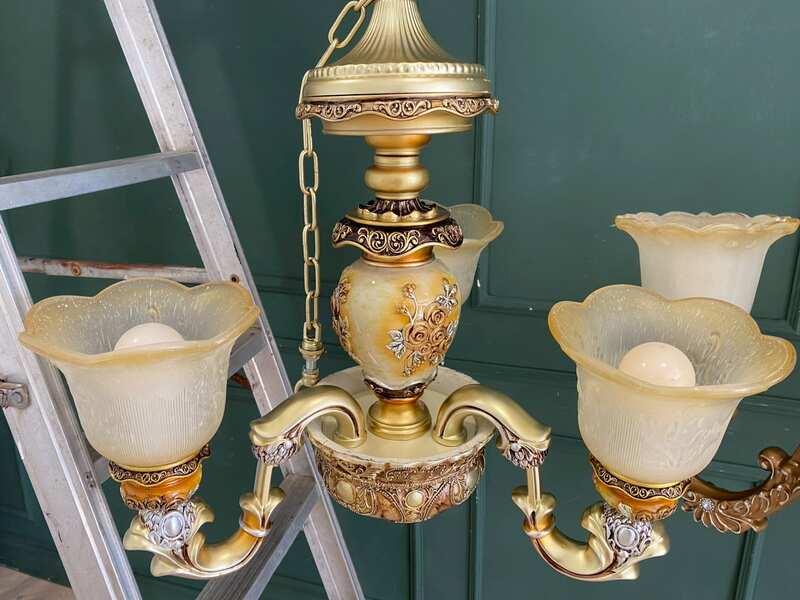 Chandelier, glass pendant lamp with gold rose design